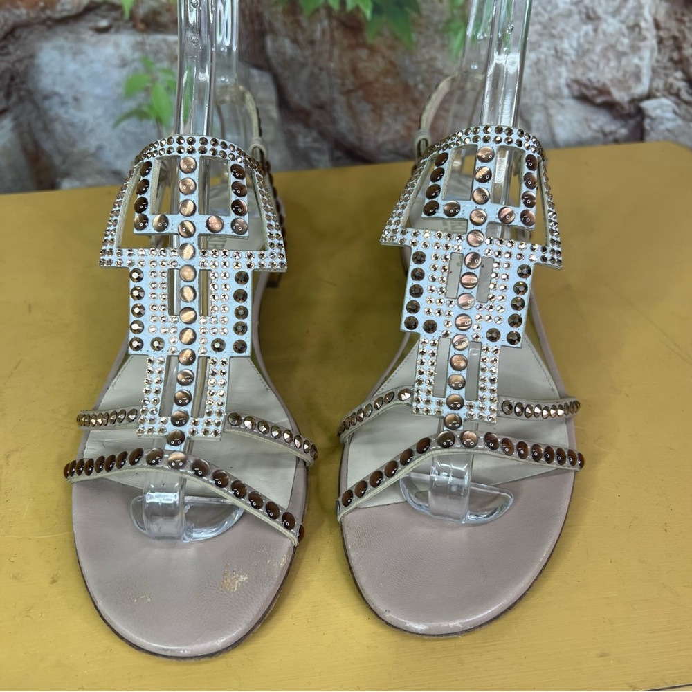 LORIBLU BIJOUX Luxury Tan and Gold Embellished Leather Italian Sandals, 39 - Picture 2 of 15